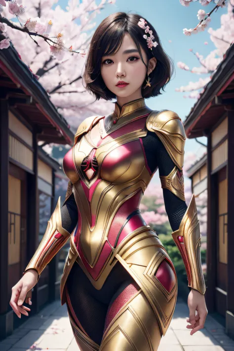 beautiful japanese young woman, wearing spiderwoman armor made of gold, thick symmetrical features, very short hair, background ...