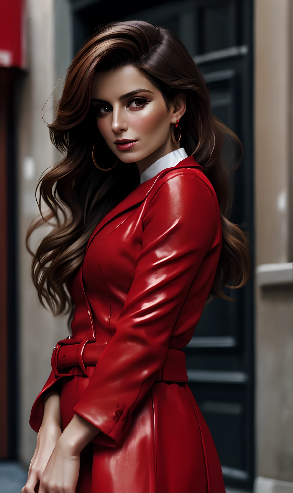 close up portrait of beautiful 35-years-old Italian woman, wearing a red outfit, well-groomed model, candid street portrait in the style of Mario Testino award winning,