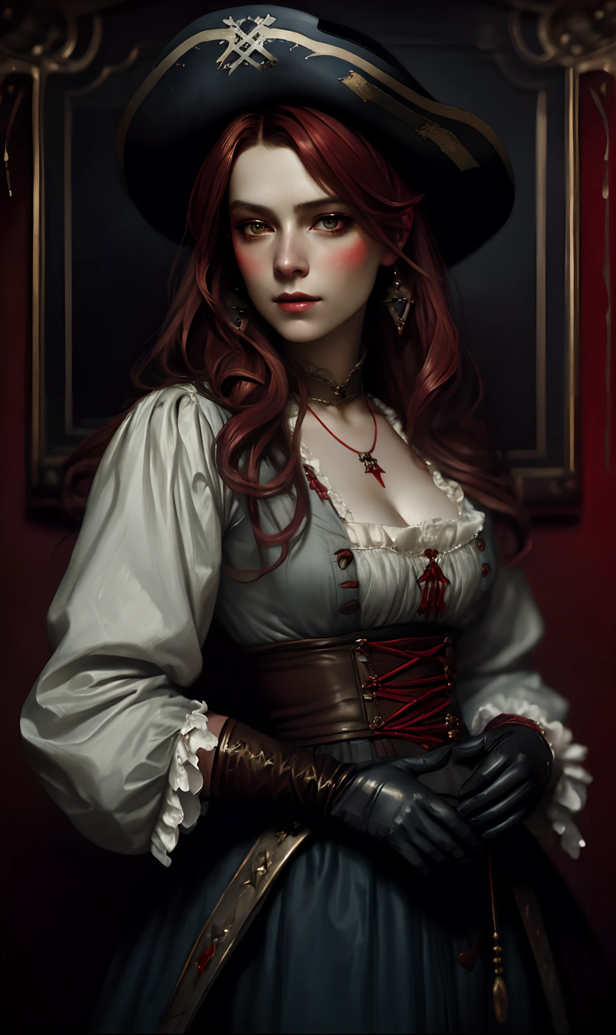 Solomon Joseph Solomon y Richard Schmid y Jeremy Lipking pintura de género victoriano retrato de cuerpo entero de una joven hermosa mujer con guantes actriz tradicional alemana francesa modelo moza pirata con traje de fantasía, fondo rojo,