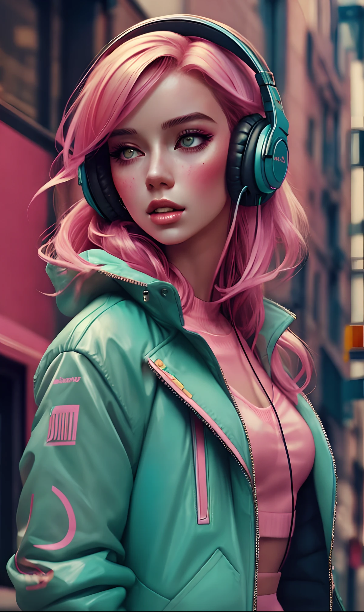 garota modelo usando fones de ouvido, Fundo da cidade, detalhes intrincados, cores pastel esteticamente agradáveis, fundo do cartaz, Arte de Conrad Roset e Ilya Kuvshinov