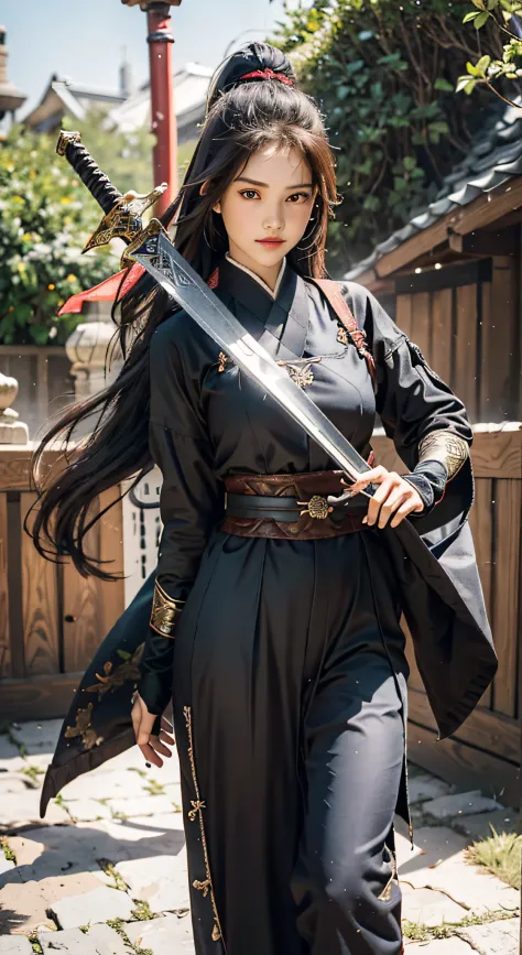 ,1个Giant Breast Girl，Hold the hilt of the sword in your hand，Sword in one hand，Long sword，Unsheathed sword，Sword in hand，Hanfu，B...