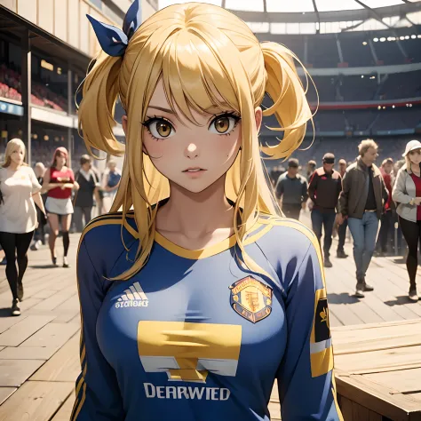 Lucy Heartfilia, 1 Women, 1 Girls, yellow hair, yellow eyes, looking from the front, Red Jersey Manchester united,