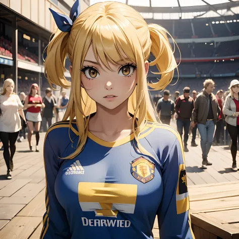 lucy heartfilia, 1 women, 1 girls, yellow hair, yellow eyes, looking from the front, red jersey manchester united,