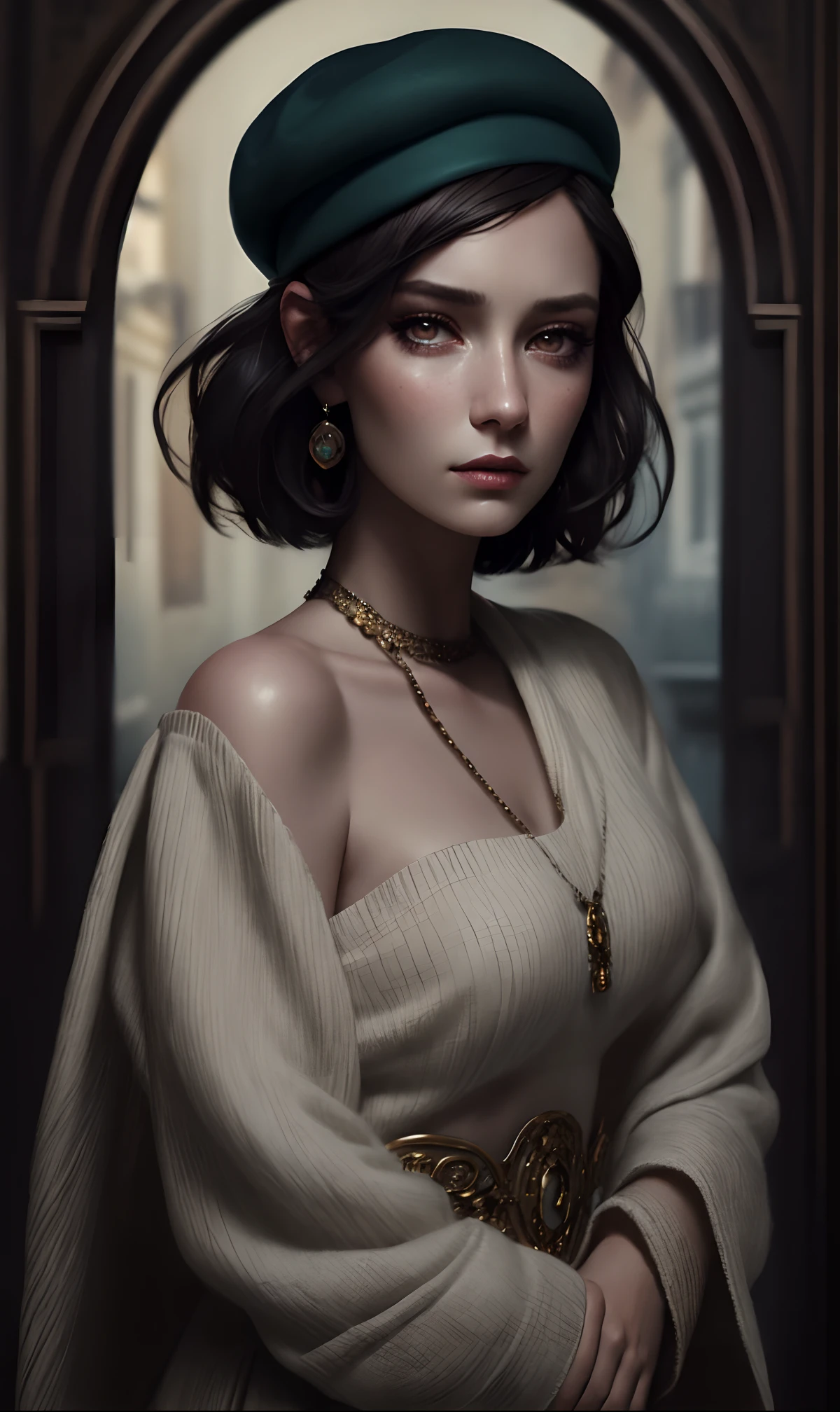 portrait of an elegantly dressed short haired hipster model woman, extremely dark and prominent circles around eyes, irritated expression, bohemian fashion, wearing a beret, artsy, intricate, soft and cute face, highly detailed, digital painting, artstation, concept art, smooth, sharp focus, illustration, art by artgerm and greg rutkowski and alphonse mucha,