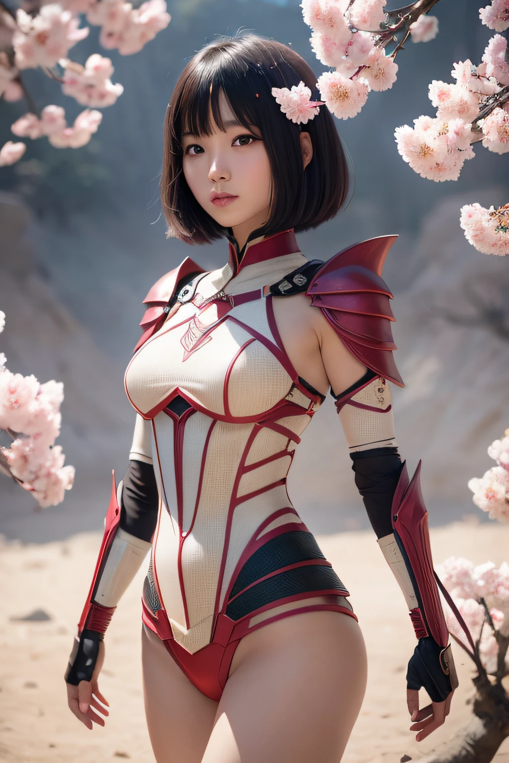 beautiful japanese young woman, wearing spiderwoman armor made of papyrus, thick symmetrical features, very short hair, background is cherry blossoms, pink aura, red lips, octane render,