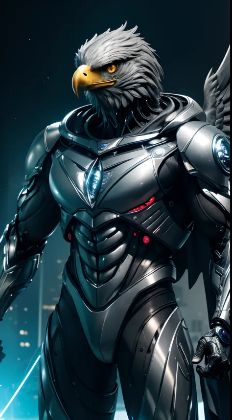 Superhero eagle Man action, animal head, human body, Amazing Movie Highly Detailed Artwork Detailed Face Detailed Suit Cgi 8k Resolution, full body camera, hero DC Cyborg suit, metallic texture of his silver-gray body, complete with blue LED lights and glo...
