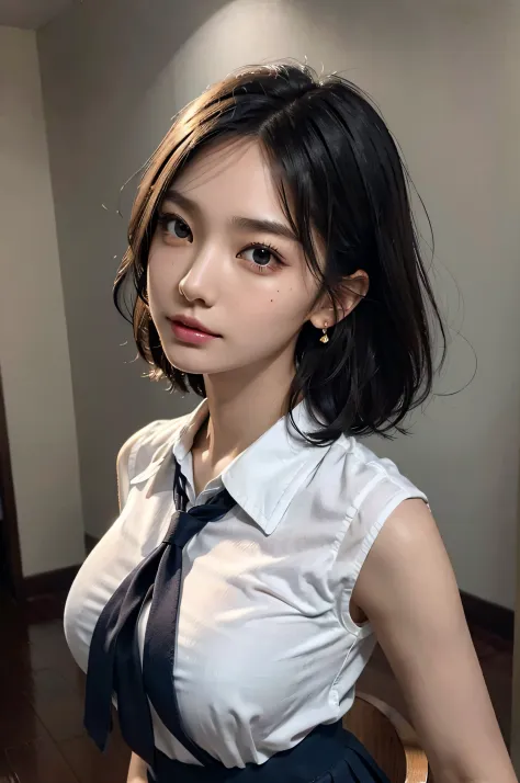 (((very huge round breasts))), (full body shot), short hair, wavy hair, ((school uniform, summer school uniform shirt)), skirt, sleeveless, RAW photo, extremely delicate and beautiful, masterpiece, Best Quality, ultra high resolution, 16k, hyperrealistic, ...