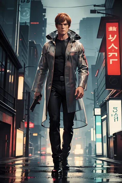 Dexter Morgan, Bladerunner. holding a knife, Dressed in a raincoat.