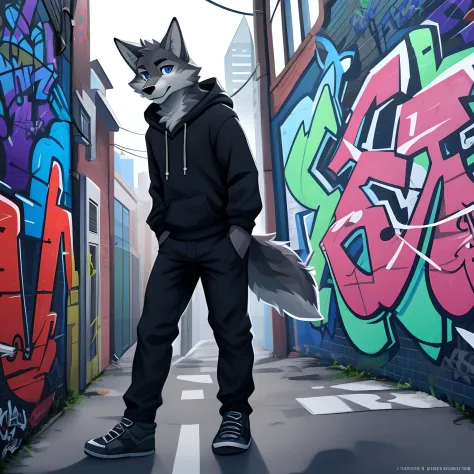 character、several people、furry、boy、man、White and gray fur、White hoodie、Blue eyes、coyote、Wolf's tail、illustratio、Black pants、Graf...