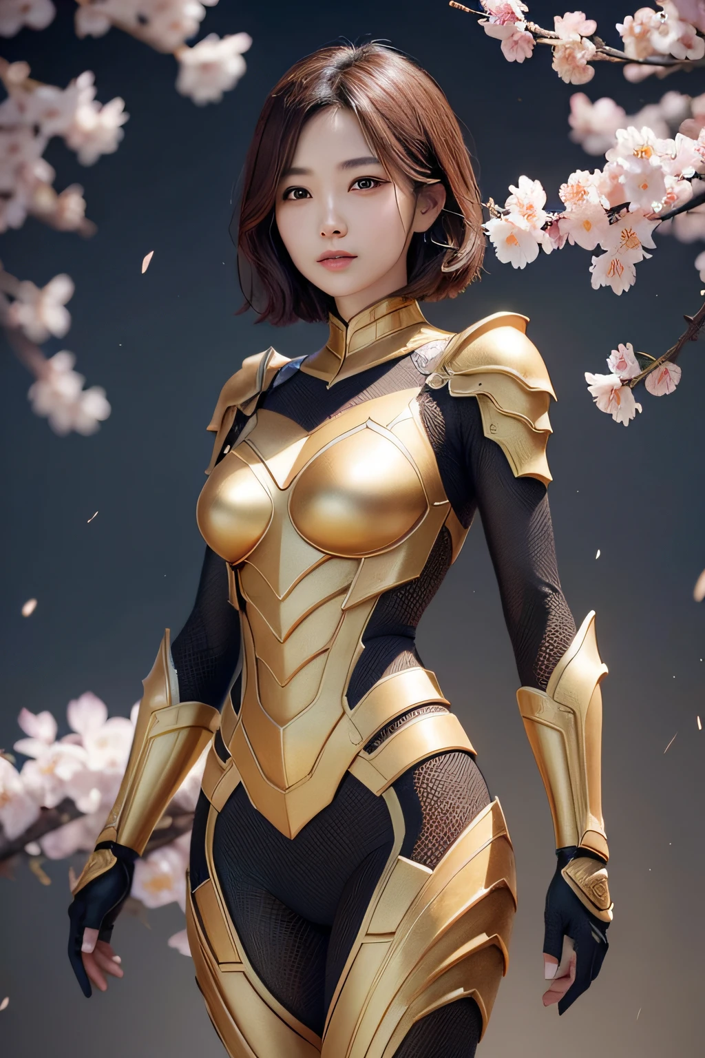 beautiful japanese young woman, wearing spiderwoman armor made of honey, thick symmetrical features, very short hair, background is cherry blossoms, pink aura, red lips, octane render,