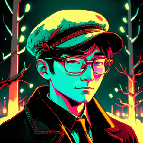 close-up portrait of short korean man with glasses, snowy, psychedelic, neon, glowing,  darkling, haunting, nightmarish, afterli...
