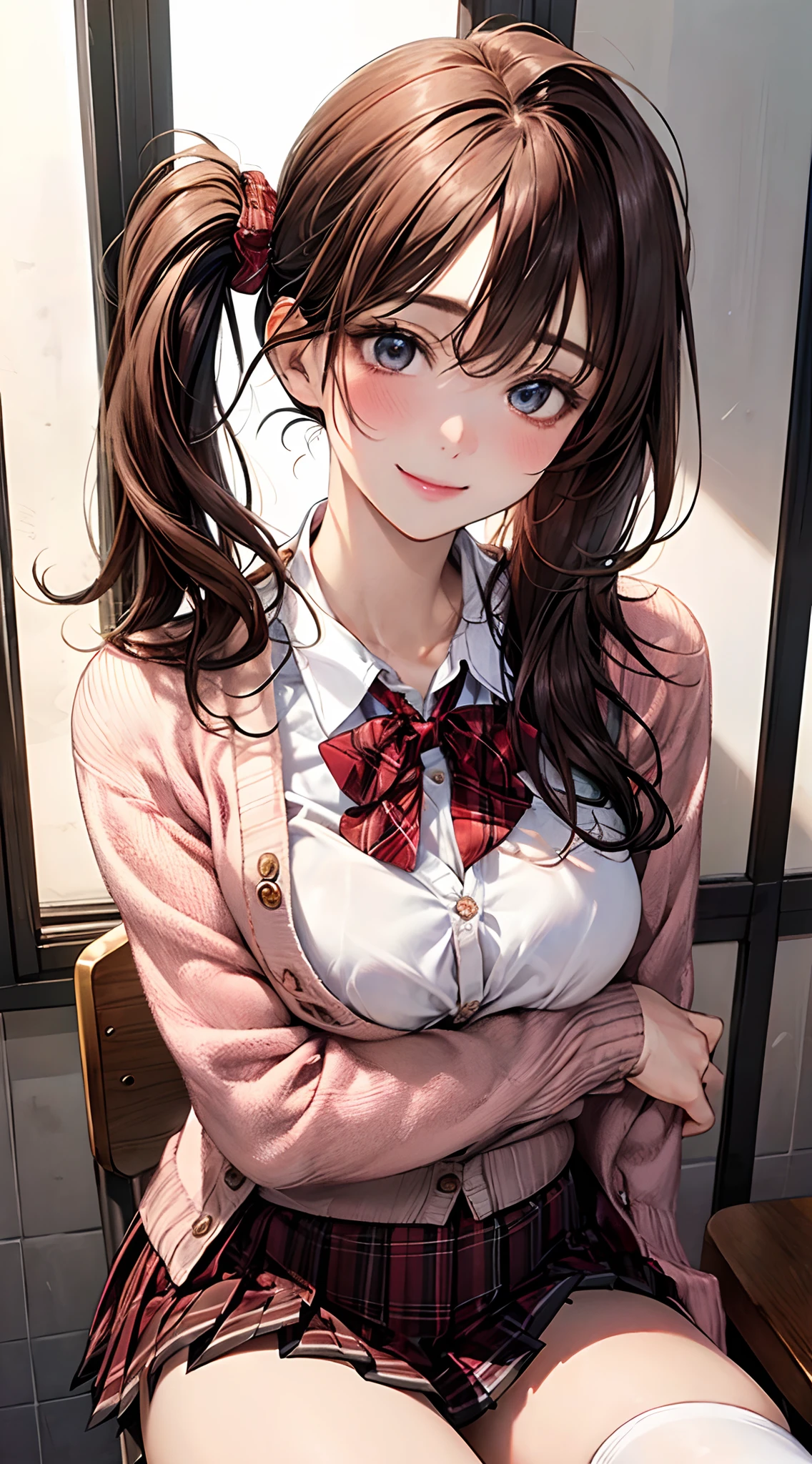 (masterpiece:1.2, top-quality), (realistic, photorealistic:1.4), beautiful illustration, NSFW, 
looking at viewer, cowboy shot, front view:0.6, 
1 girl, japanese, high school girl, light brown hair, (long hair:1.8), (side ponytail:1.7), bangs, hair between eye, blue eyes, large breasts:0.8, (thick thighs), 
beautiful hair, beautiful face, beautiful detailed eyes, beautiful clavicle, beautiful body, beautiful chest, beautiful thigh, beautiful legs, beautiful fingers, 
(beautiful scenery), dawn, cafe shop, 
((red blazer, pleated mini skirt, white socks, red private school uniform:1.2, light blown cardigan, red plaid pleated skirt, red plaid bow tie, red plaid hair ribbon)), pink panties, 
(swollen), ((seductive posture: 1.2, attractiveness: 1.2)), (idle),
(erotic, sexy, upper eyes, smile), shiny skin, 
perfect face, cute and symmetrical face, natural side lighting, movie lighting), 
siting chair, hand between table,