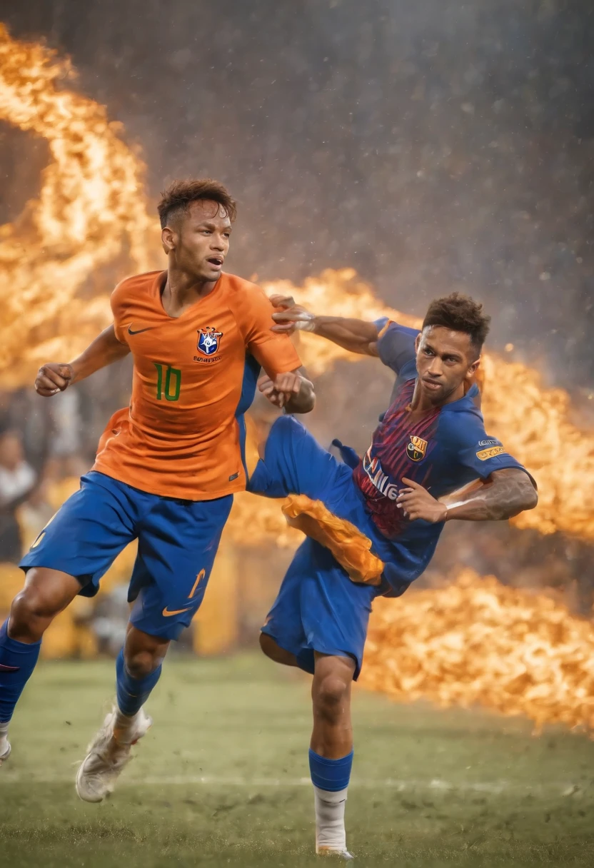 Two soccer players are kicking a ball in front of a fire - SeaArt AI