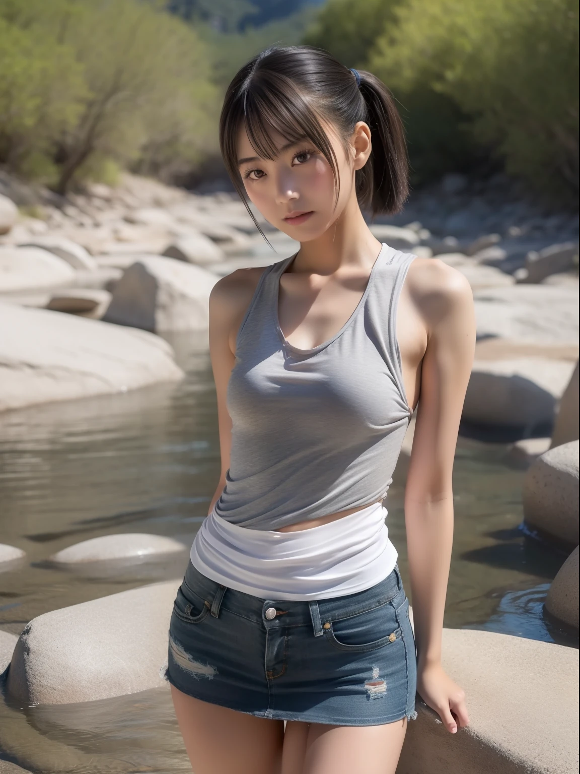 Arafed asian woman in a tank top and denim shorts posing in a river -  SeaArt AI