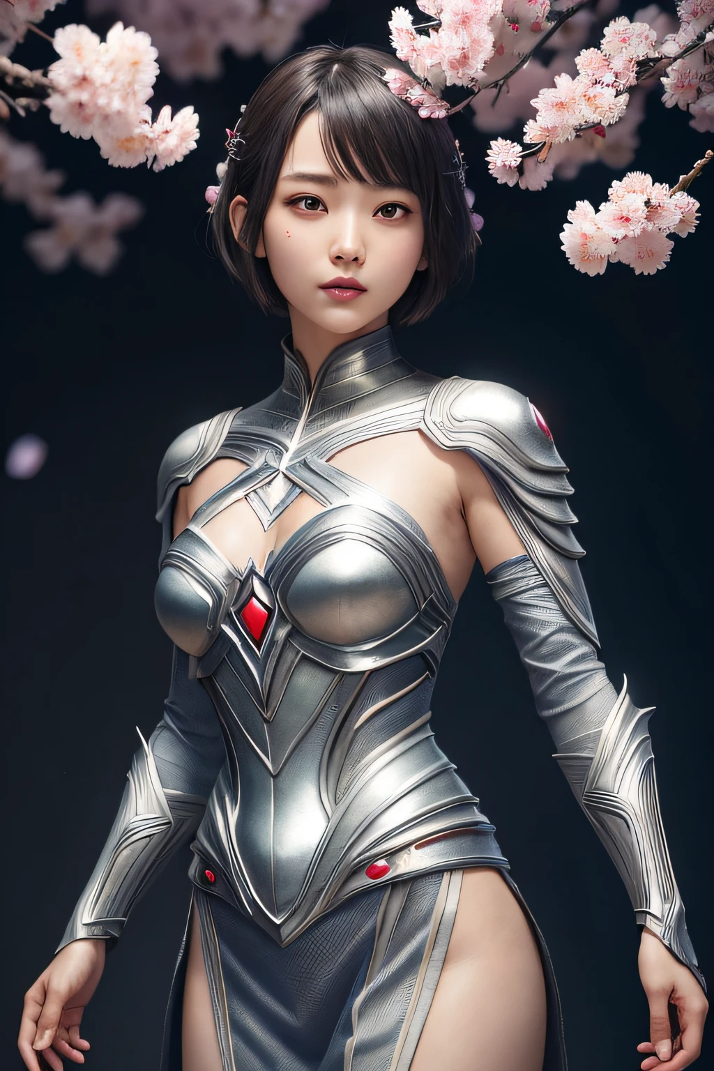 beautiful japanese young woman, wearing spiderman armor made of silver, thick symmetrical features, very short hair, background is cherry blossoms, pink aura, red lips, octane render,