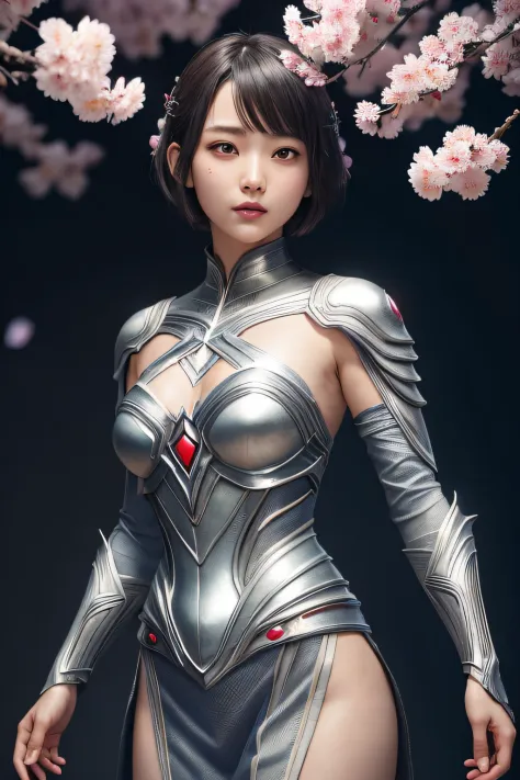 beautiful japanese young woman, wearing spiderman armor made of silver, thick symmetrical features, very short hair, background ...
