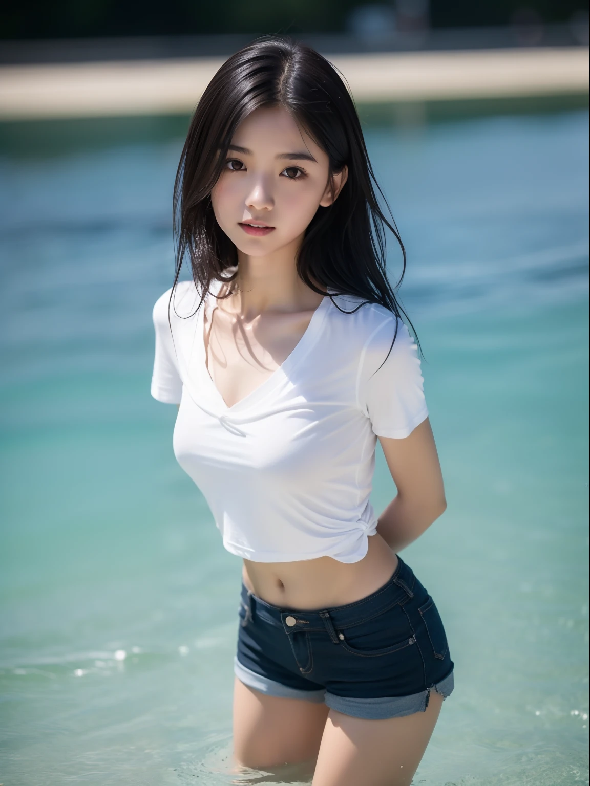 young，(shortpants)，tshirts，teens girl，Delicate body， body，Delicate body，，tiny chest，Short，A darK-haired，Very Longhair，playing in the water