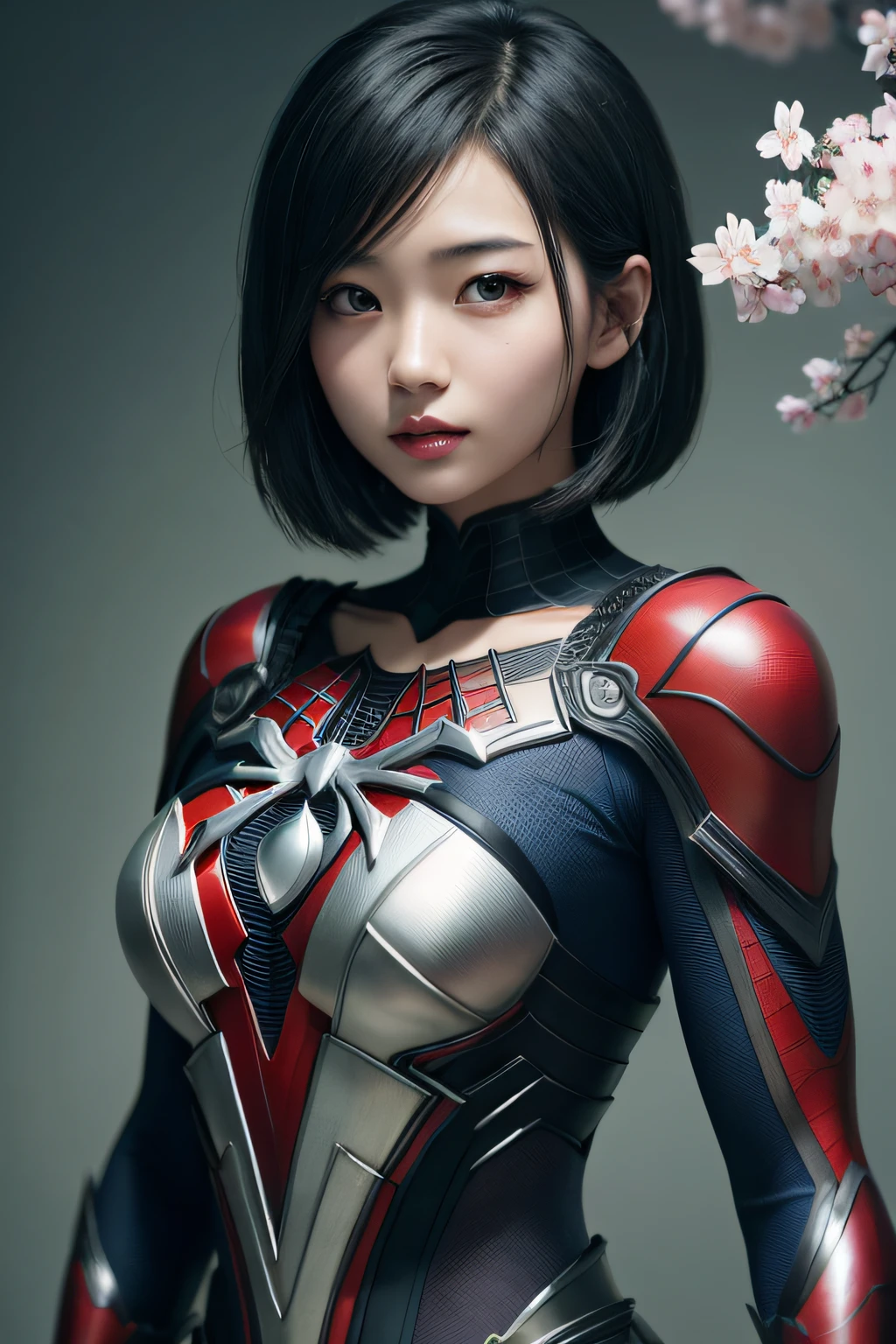 hermosa joven japonesa, usando armadura de Spiderman hecha de equipo, rasgos simétricos gruesos, pelo muy corto, El fondo es flores de cerezo., aura rosada, labios rojos, renderizado de octanaje,