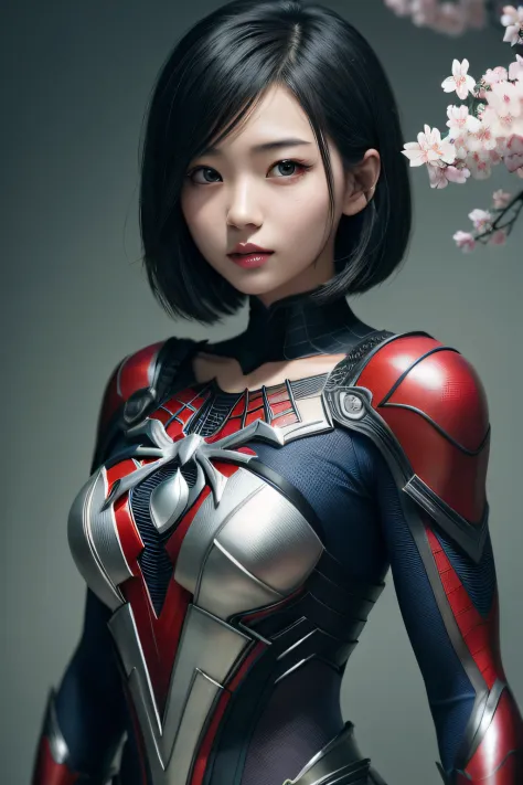 beautiful japanese young woman, wearing spiderman armor made of gear, thick symmetrical features, very short hair, background is...