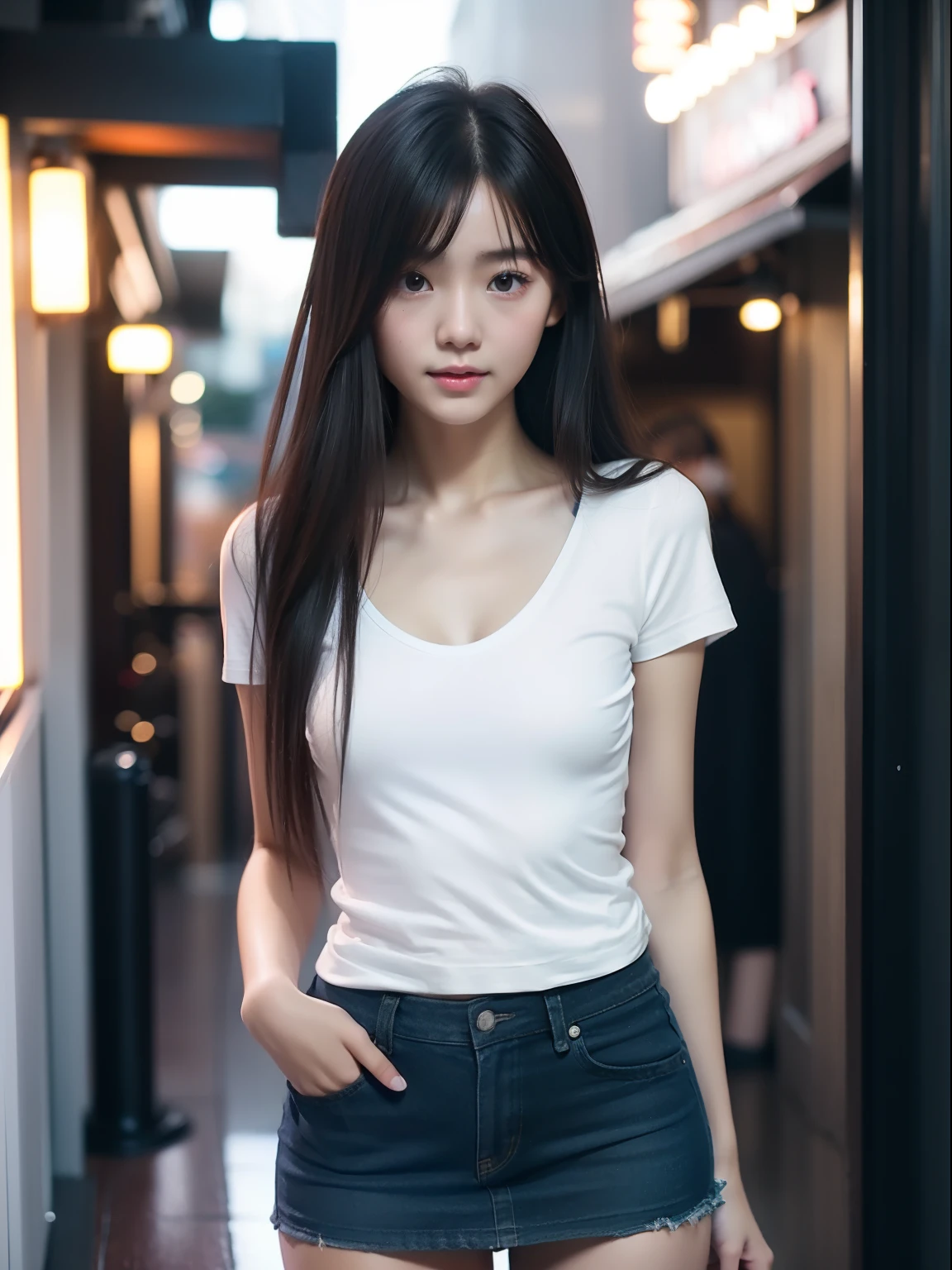 young，(a miniskirt)，tshirts，teens girl，Delicate body， body，Delicate body，，tiny chest，Short，A darK-haired，Very Longhair，arcade，Very heavy rain