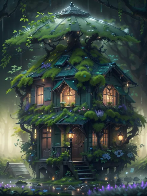imagine in a small town on a rainy night, in the garden of a house, streetlamp, color, a little moss, shady house in a forest in...