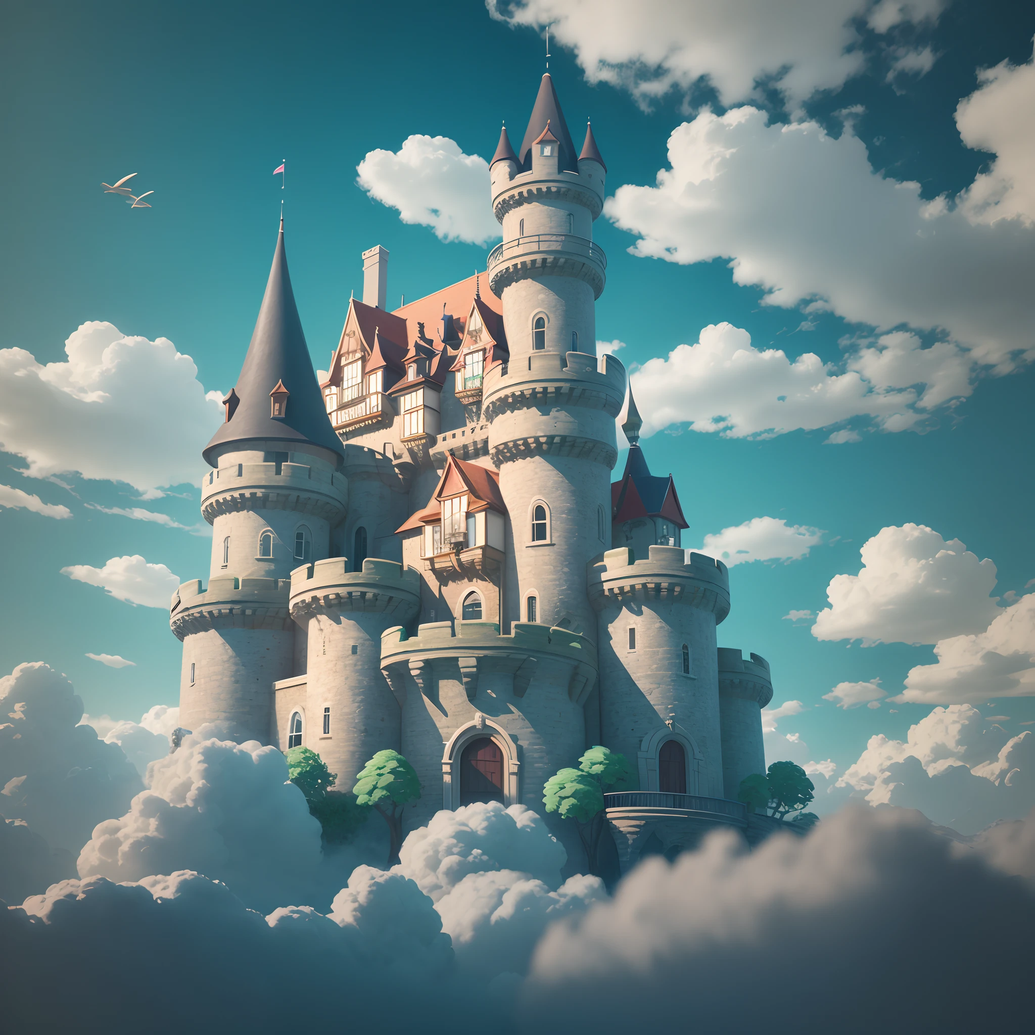 (The entire building is surrounded by clouds:1.2)，((The castle floats in the sky:1.1))，isometry，3drenderingof,Very high definition，(high detal)，8k，cinmatic lighting，(Ultra-high resolution)，A masterpiece of game assets，best qualtiy,Toon,Pixar style,Simple design,mini sence,Animal crossing,1building,。.3d,Clean,Eggplant and Coral