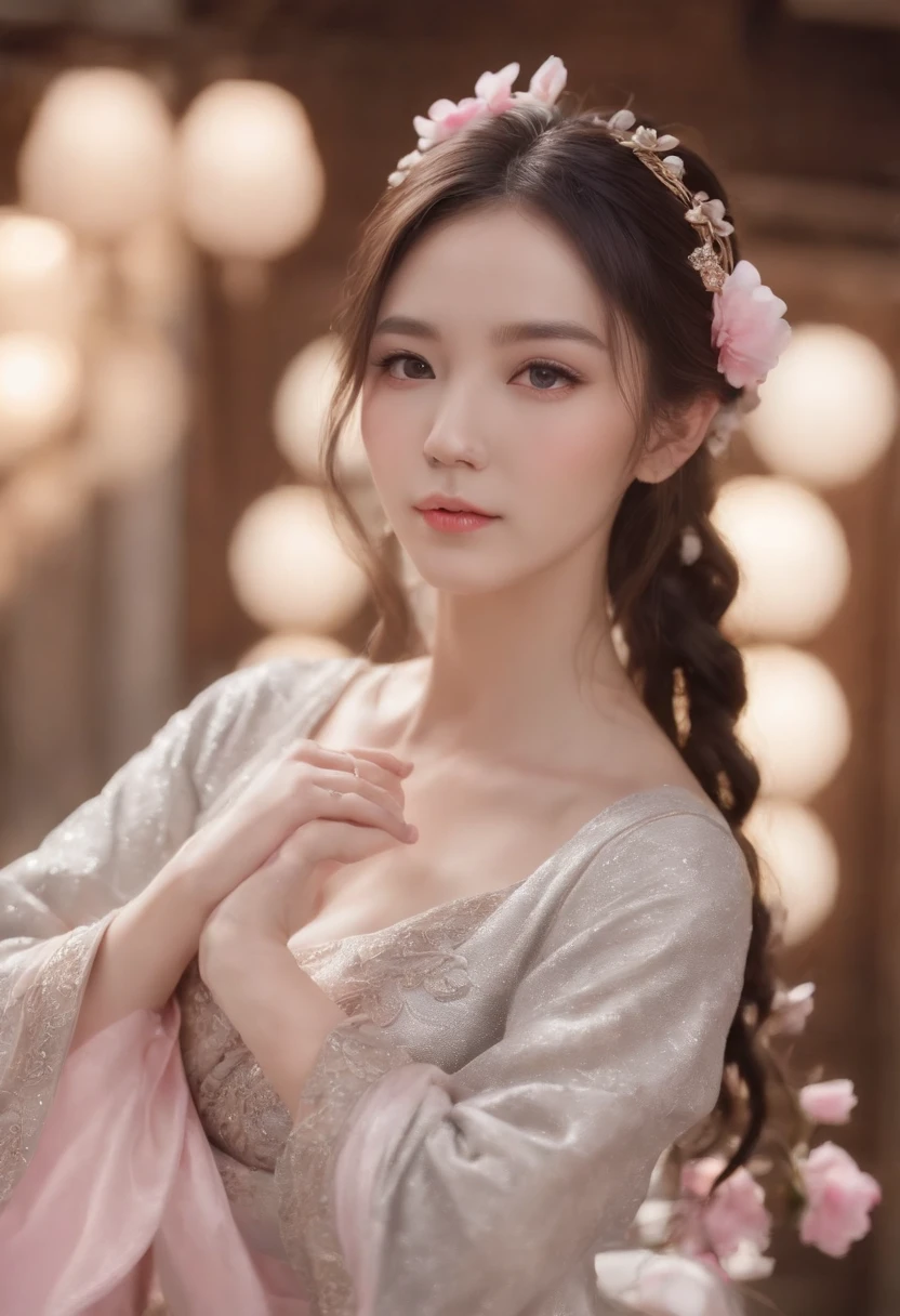 Best quality, Masterpiece,Upper body,(Background:sonoko),1 girl, Mature woman, Chinese style, Ancient China, sister, Dancer, Dark brown hair, Dark hair, Princess cut, Fried dough twisted braids, Coiled hair, Double ball head,Coiled hair,Streamers, Light pink lips, calm, Intellectual, Red eyes, nipple tassels, Silver, Beads,Peony flower, offcial dress, capes, Silk skirt, Embroidery, Fine face, facial closeups, Close-up of the hand,Light-colored clothes,Beautiful face,Photorealistic, rim lit, twotonelighting,(highdetailskin:1.2), 8K, Ultra HD, Digital SLR, Soft lighting, High quality, voluminetric lighting, photographed, high resolution, 4K, 8K, Bokeh