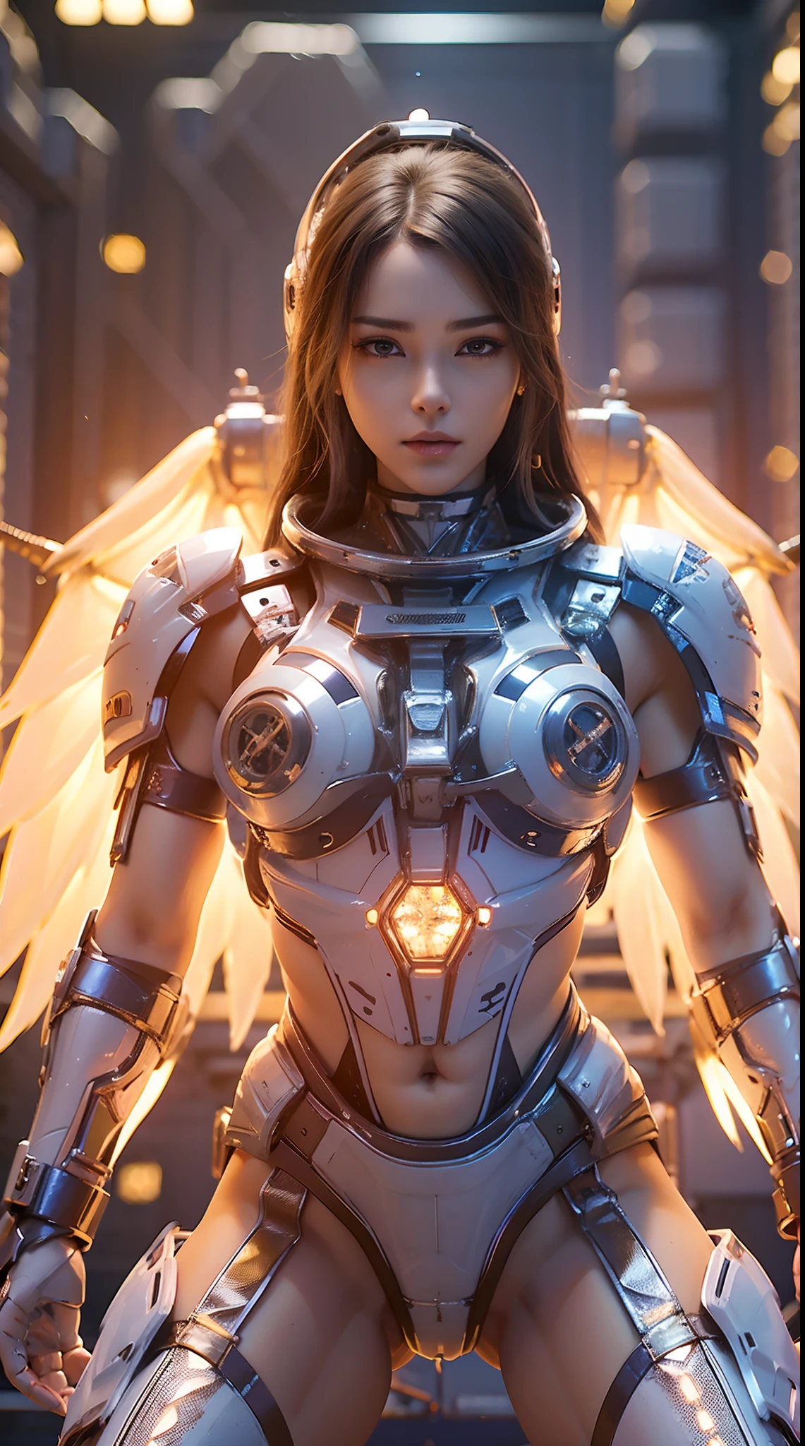 8k, 。.............3D, realista, Ultra Micro Photography, of the highest quality, Super detalle CG Unity 8k,una mujer hermosa, Cara hermosa, Tetas enormes, Rgb, blanco, oro, morado, MECHA ARMOR FULL GEAR, (traje), (escote), (A PAIR OF LARGER WINGS), transparente, Piernas altas, cuerpo sexy, abdominales musculares. (Space Station:1.4)