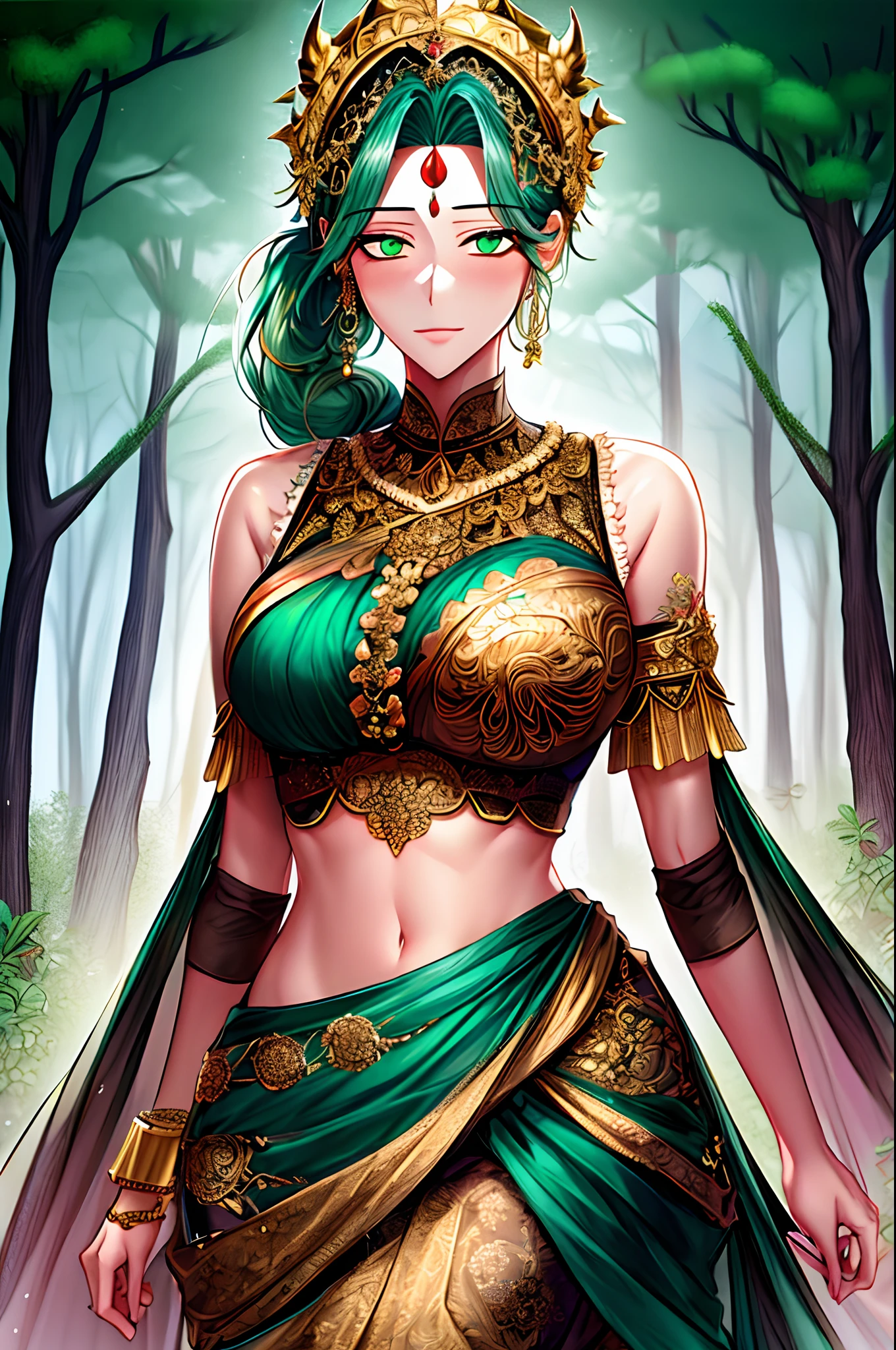 fantasy style, floral background, romance manhwa, 1girl, solo,  green eyes, ponytail, beautiful body, royal intricate sari, (ornate intricate golden chest armor), hairup, ornate big hairpin, forehead, (glowing forehead ornate headpiece), hindu, twilight, temple, forest, moss, mirage, trees, detailed embroidered, sleeveless, cowboy shot,