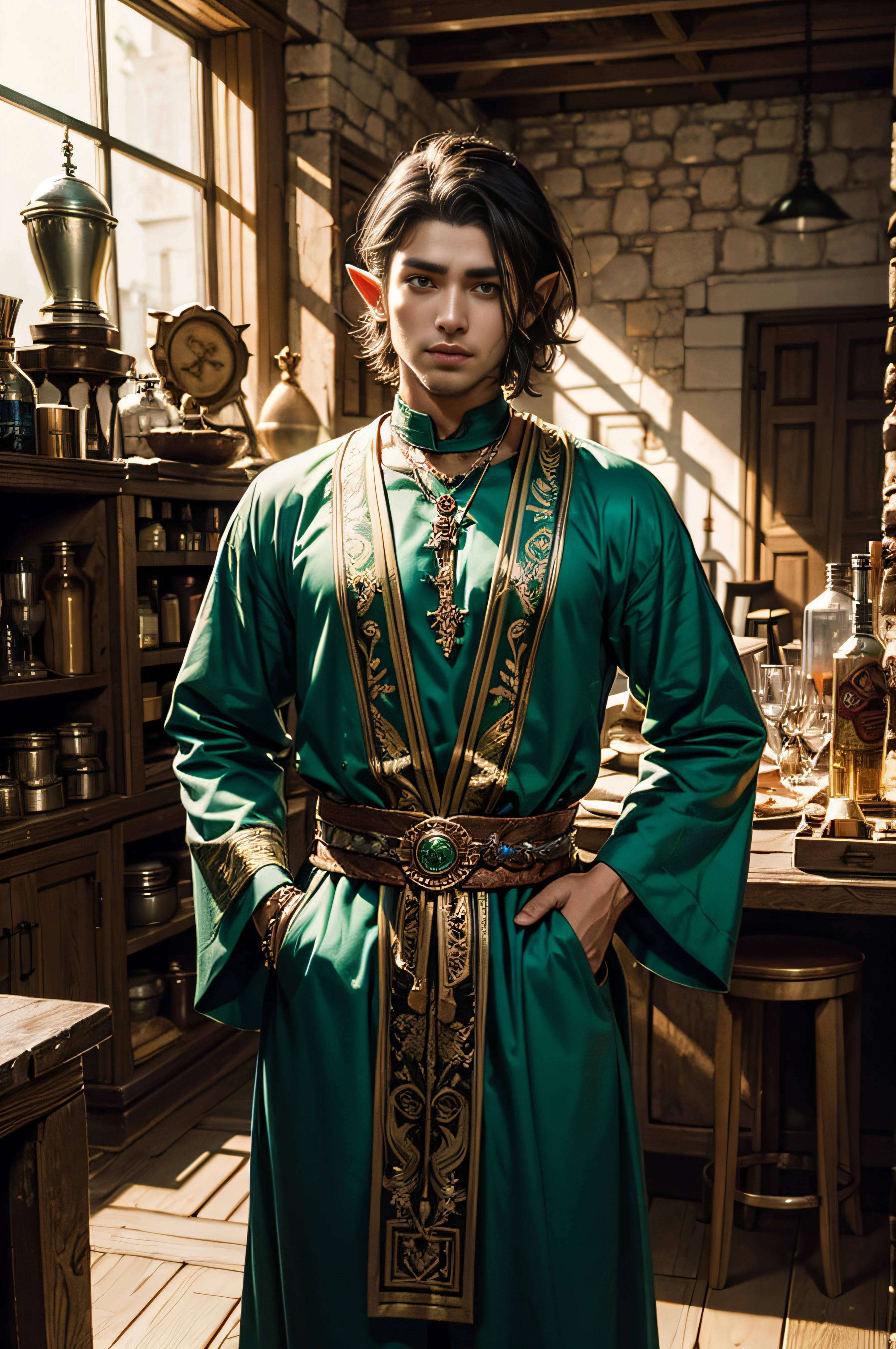 Arafed man in a green robe standing in a room with a lot of bottles ...