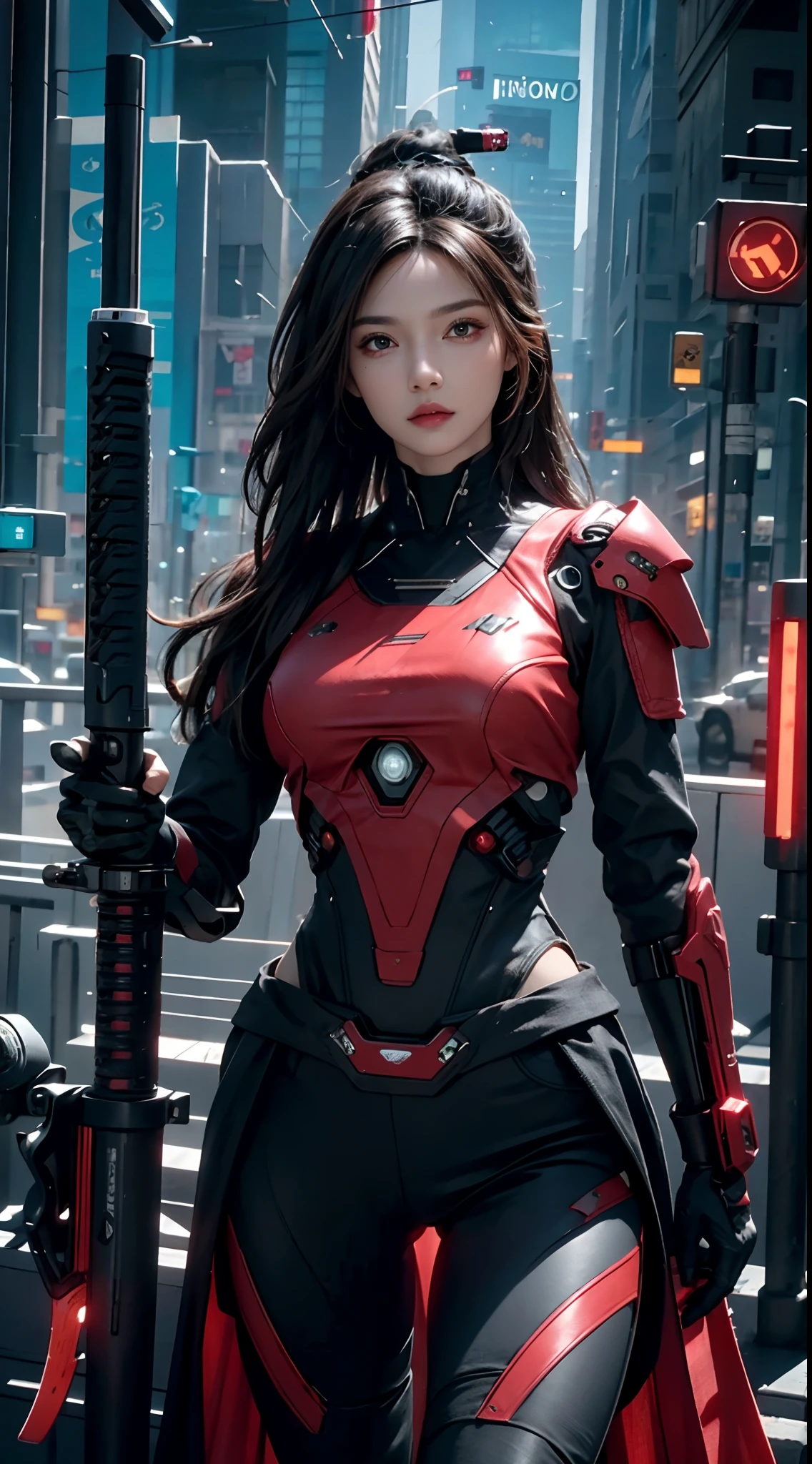 8k, 。...........3D, realista, Ultra Micro Photography, of the highest quality, Super detalle CG Unity 8k,photorealistic, high resolution, soft light,1women, solo, hips up, (detailed face), red long hair, cybersamurai, cyborg, cyberpunk,  cyber armor, holding weapon,glowing,gun, city at night