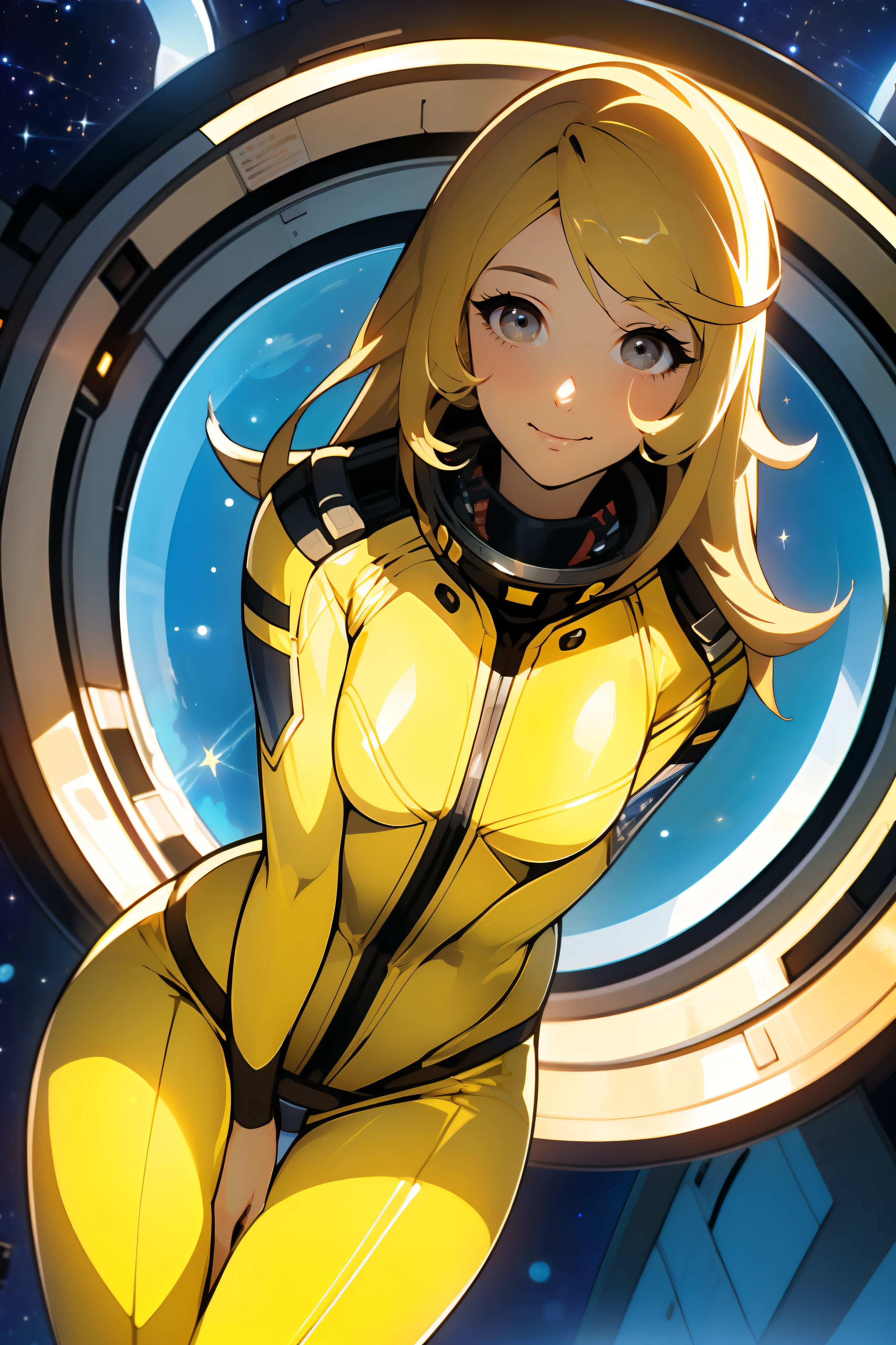 (masterpiece, best quality:1.2), (cowboy shot:1.1), solo, 1girl, mori yuki, slight smile, closed mouth, looking at viewer, blonde hair, thigh gap, yellow bodysuit, skin-tight, perfect body, belt, large window, (starship porthole:1.3), from front, (spread legs:1.3), (standing:1.1), thigh gap, perfect hands, bright starship interior, (outer space view:1.1), (orbital view:1.3), (night, stary sky:1.5), milky way