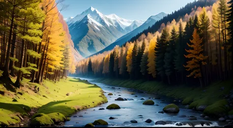 Hills, Mountains, River, Forest, Leafy trees,