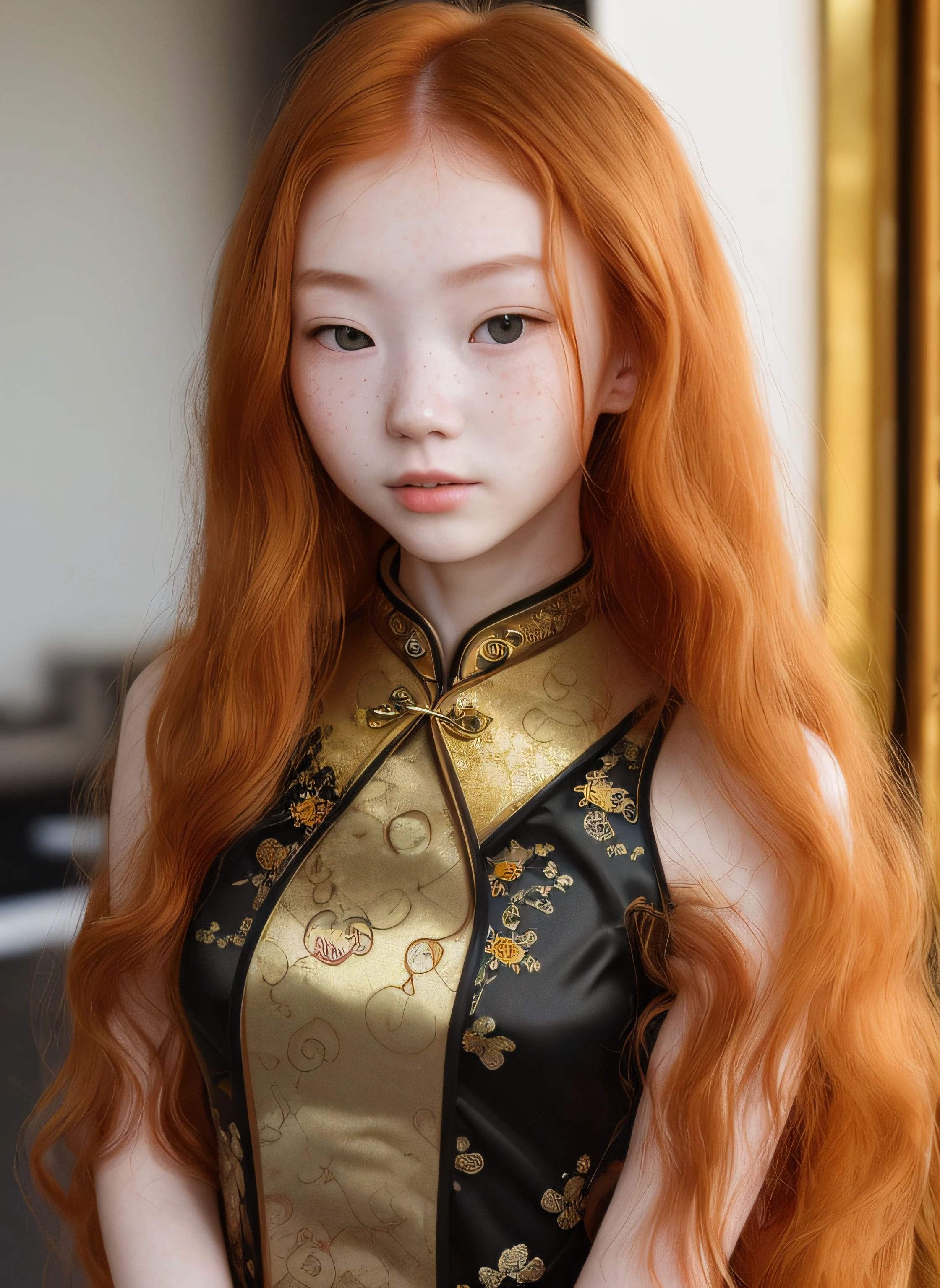 A close up of a doll with long red hair wearing a dress - SeaArt AI