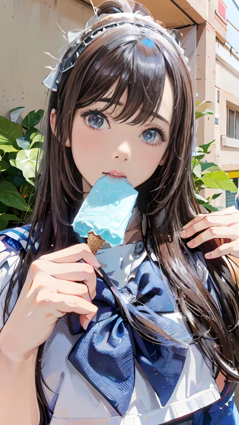 There is a girl eating something with a blue stick, sakimichan, Realistic Young Gravure Idol, eating ice - cream, mayuri shiina, sky blue straight hair, cute kawaii girl, real life anime girl, Eating ice cream, 奈良美智, shikamimi, Belle Delphine