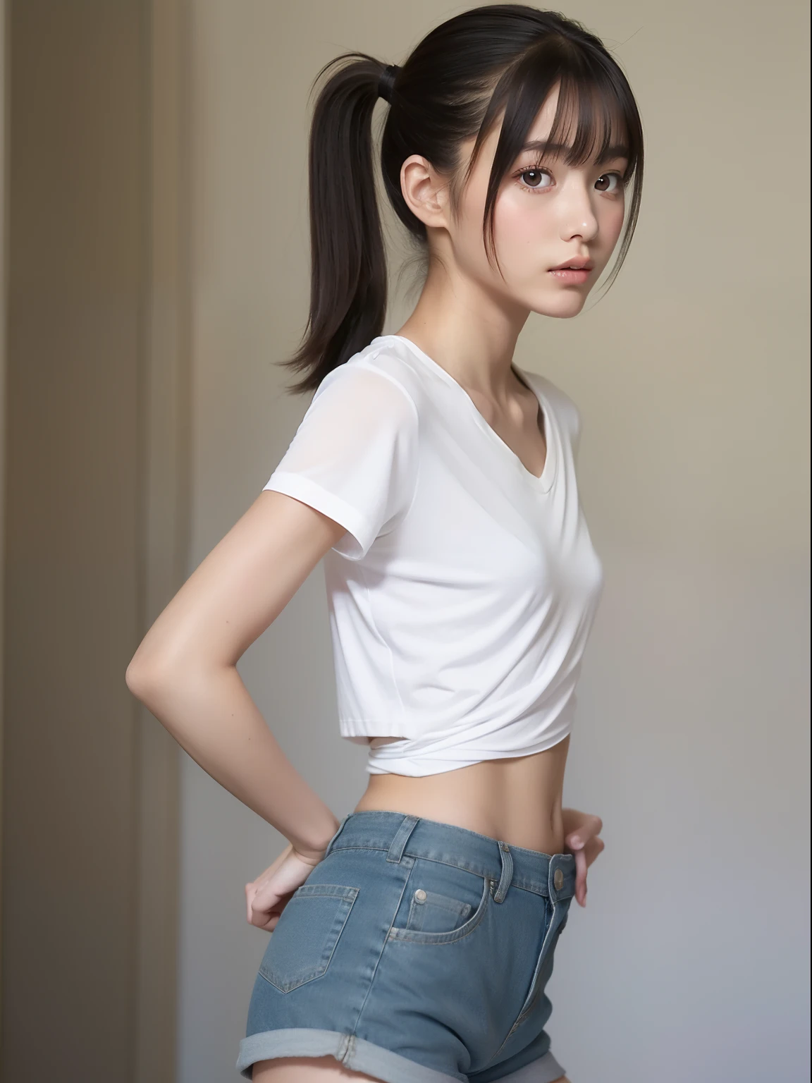 Arafed asian woman in a white shirt and blue shorts - SeaArt AI