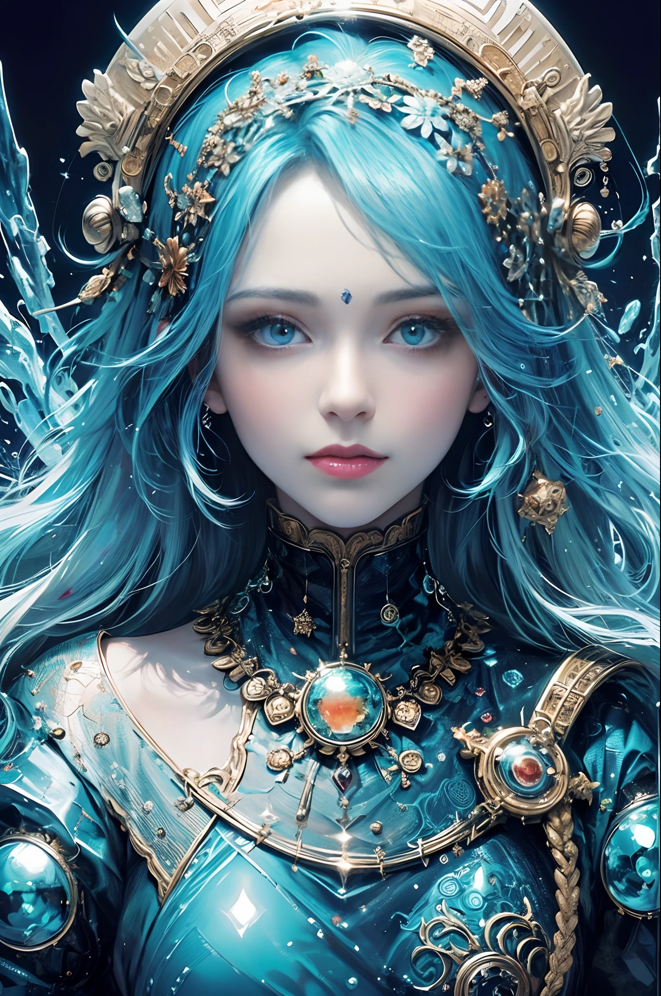 (masutepiece, of the highest quality, Best Quality, Official art, Beautiful and aesthetic:1.2), (1girl in), Extremely detailed,(Fractal Art:1.3),Colorful,Highest detail,Eyes color is turquoise blue、