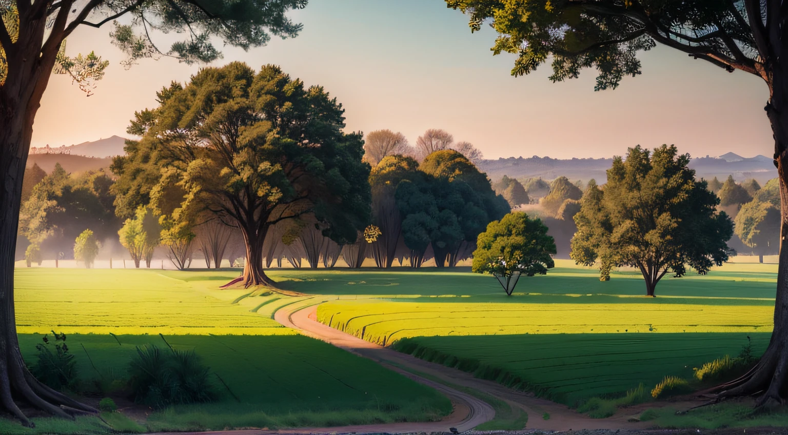 Plains, Leafy trees, farm, Supersharp, realistic view, beautiful landscape, 8k, masterpiece,