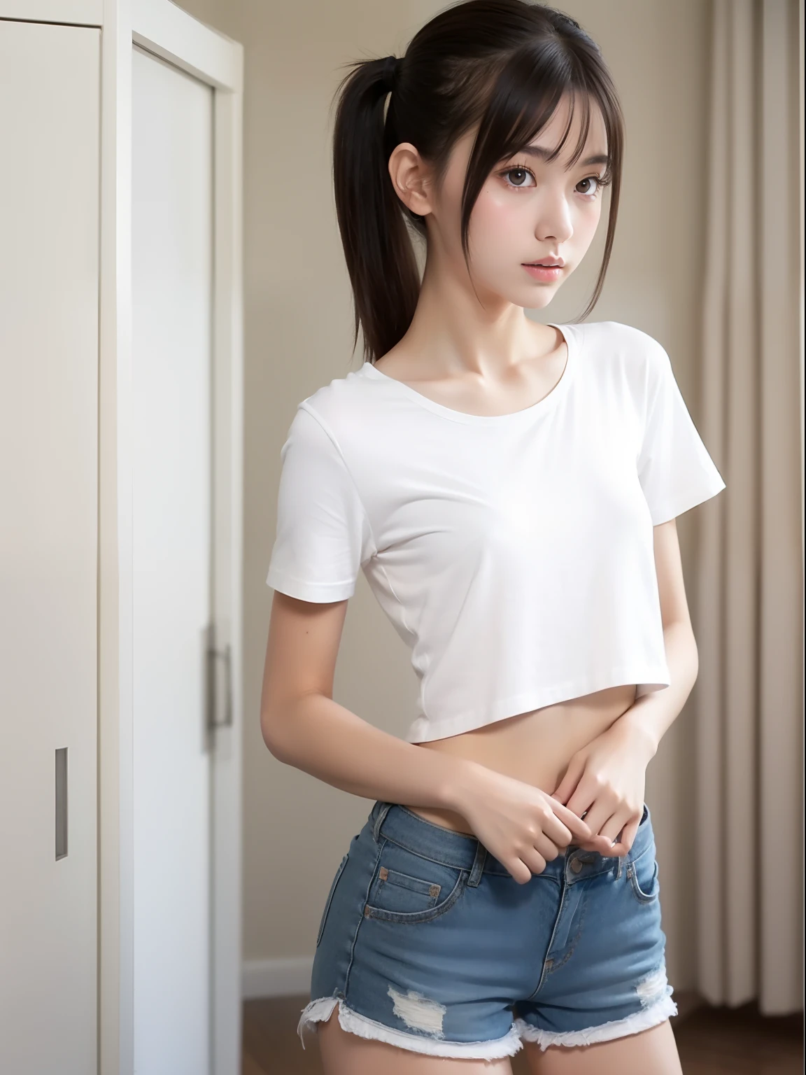 Arafed asian woman in a white shirt and denim shorts - SeaArt AI