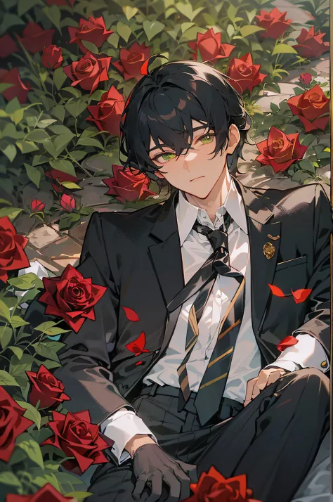 1mal, bangs, black hair, closed mouth, golden-green eyes, hair between the eyes, Looking at the viewer, Male focus, In the garden, A lot of roses, Red roses, Formal suit, black tie, White shirt, black jacket, lying in flowers