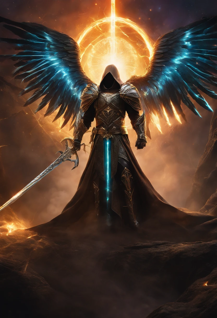 Cosmic Fallen Angel, Tyrael, Weapon holy swords in the hands, Glowing ...