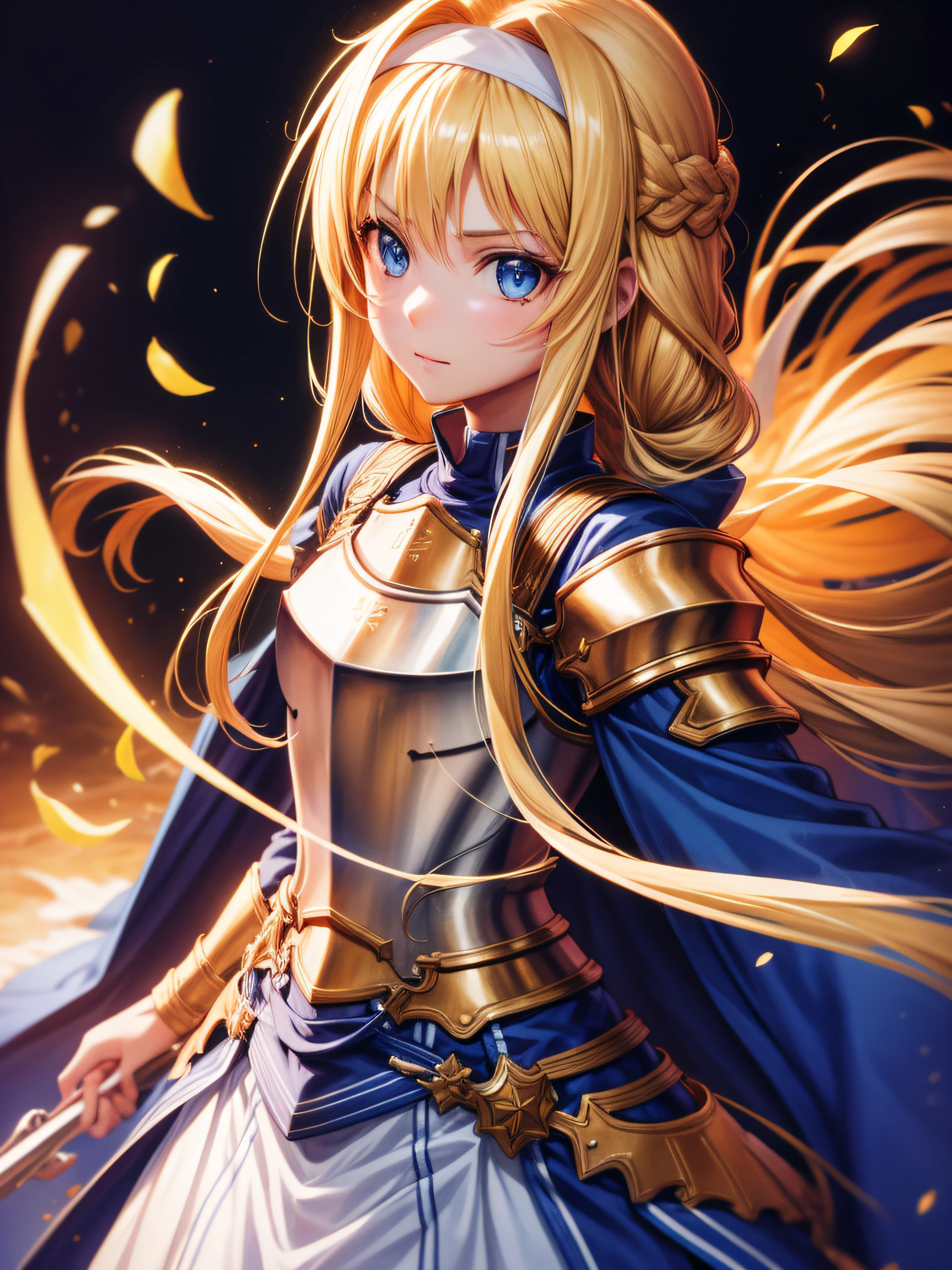 Arisburg, Alice Zusberg, bangs, blue eyes, Blonde hair, hair between eye, Very long hair, braid, shairband, white hairband,Break Dresses, cape, armor, Blue Dress, Shoulder Armor, gauntlets, pauldrons, breastplates, Armored dress, falls, blue cape, knight, Gold Armor, Cute girl with undisputed body、[3D Images:1.25],[[Attractive eyes,A detailed eye、Colorful eyes、radiant eyes:1.25]]、armor, Best Quality, High resolution, Unity 8k Wallpaper, (Illustration:0.8), (Beautiful detailed eyes:1.16), extra detailed face、Dress correctly, Beautiful Finger、 charming figure,super precision、[[3D Images]]、[[High quality anime girl with brown hair and brown eyes]]、