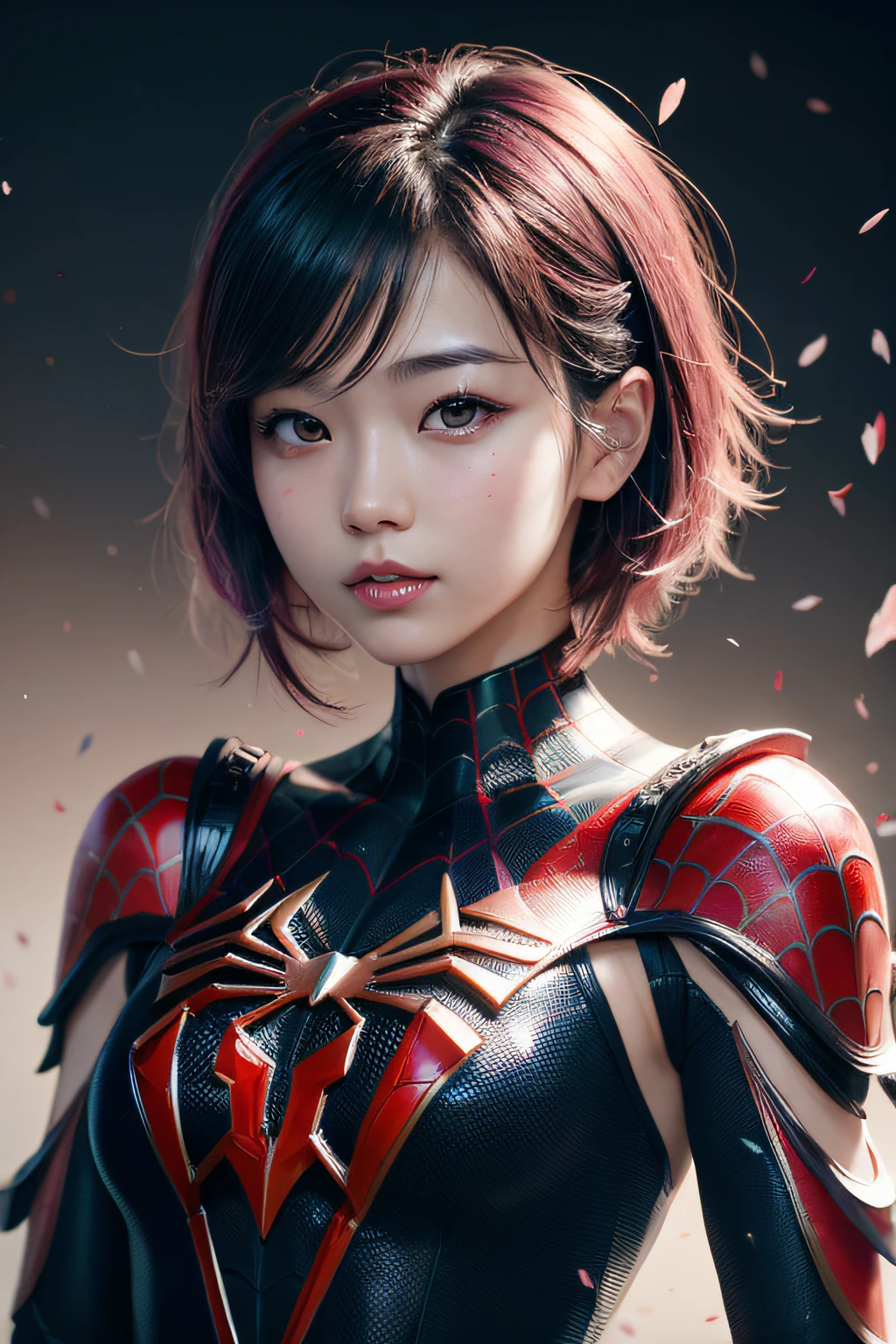 beautiful japanese young woman, wearing spiderman armor made of oil, thick symmetrical features, very short hair, background is cherry blossoms, pink aura, red lips, octane render,