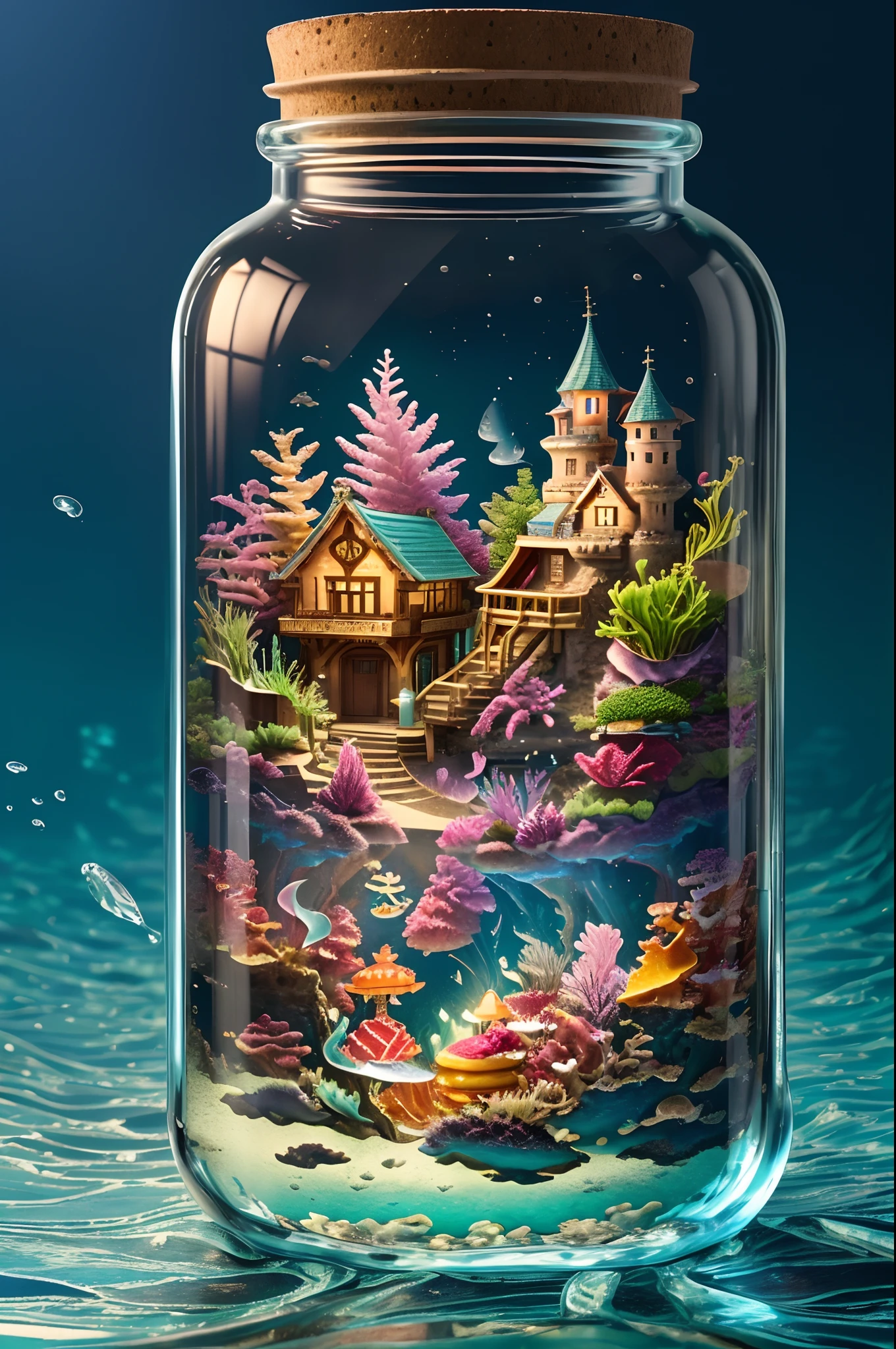 thick glass, weathered, Atmospheric Oliva Lighting, Bottles being swept away by the waves, 8K UHD, Dark Resonance, ultra-detailliert, Vivid colors, epic composition, Octane Rendering, Sharp Focus, Detailed, with an intricate, (reflection, refraction, Caustic: 0.6), (high-resolutionisometric), 16 K, masutepiece,Best Quality,(castle town, borgar, Landscape trapped in a bottle:1.3),high realistic,in a glass bottle,bottles,(sea the background of、reefs,Glass bottle sinking to the bottom of the sea:1.5)、