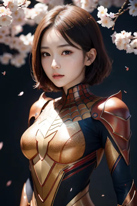 beautiful japanese young woman, wearing spiderman armor made of honey, thick symmetrical features, very short hair, background i...