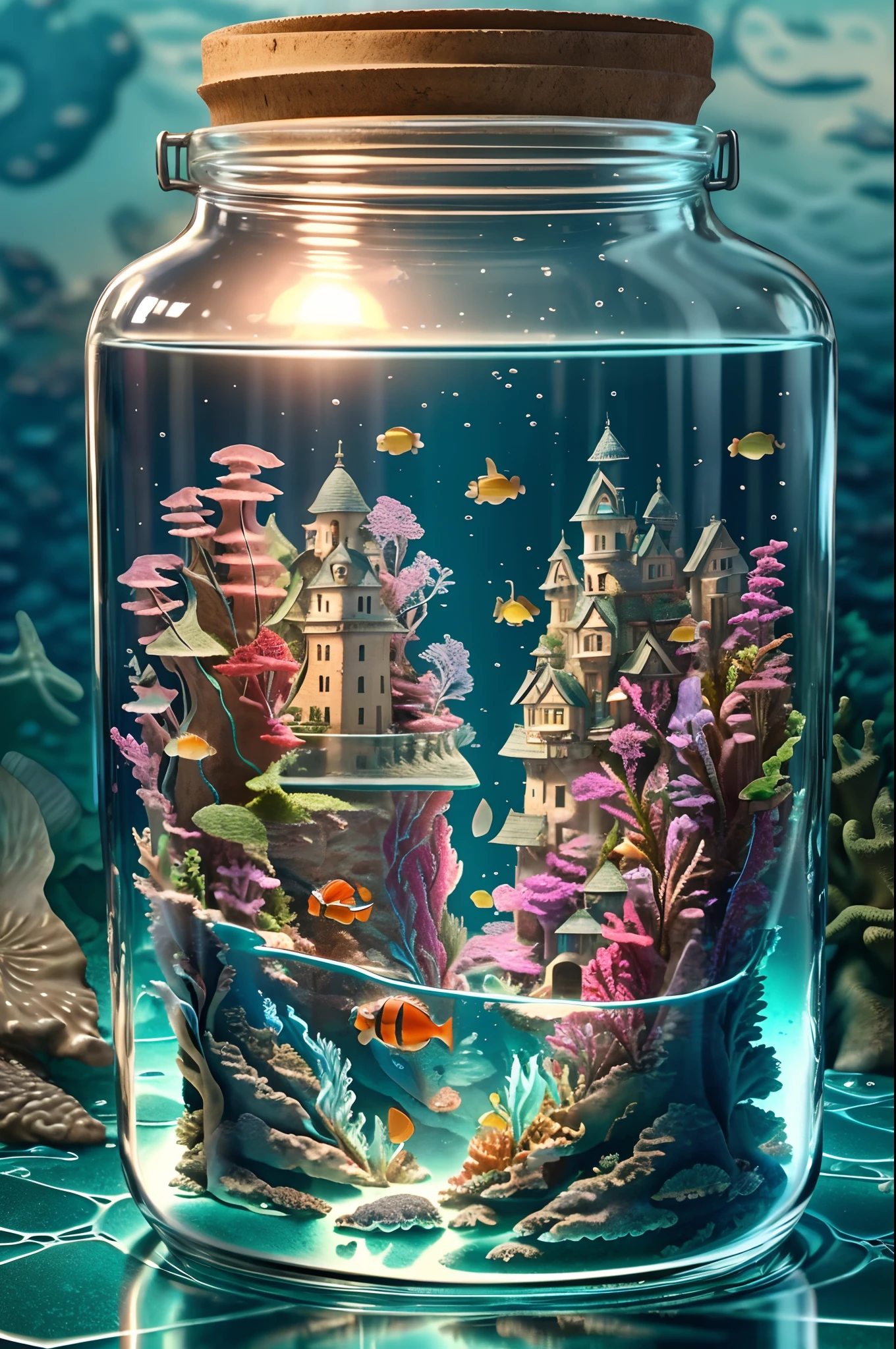 thick glass, weathered, Atmospheric Oliva Lighting, Bottles being swept away by the waves, 8K UHD, Dark Resonance, ultra-detailliert, Vivid colors, epic composition, Octane Rendering, Sharp Focus, Detailed, with an intricate, (reflection, refraction, Caustic: 0.6), (high-resolutionisometric), 16 K, masutepiece,Best Quality,Castles,high realistic,in a glass bottle,bottles,(sea the background of、reefs,Glass bottle sinking to the bottom of the sea:1.5)、