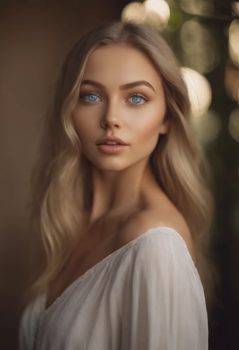 파란 눈을 가진 섹시한 소녀, 초현실적, 꼼꼼하게 자세히, 초상화 소피 머드, 금발 머리와 큰 눈, 젊은 여자의 셀카, 화장없이, 자연스러운 메이크업, 카메라를 직접 보고