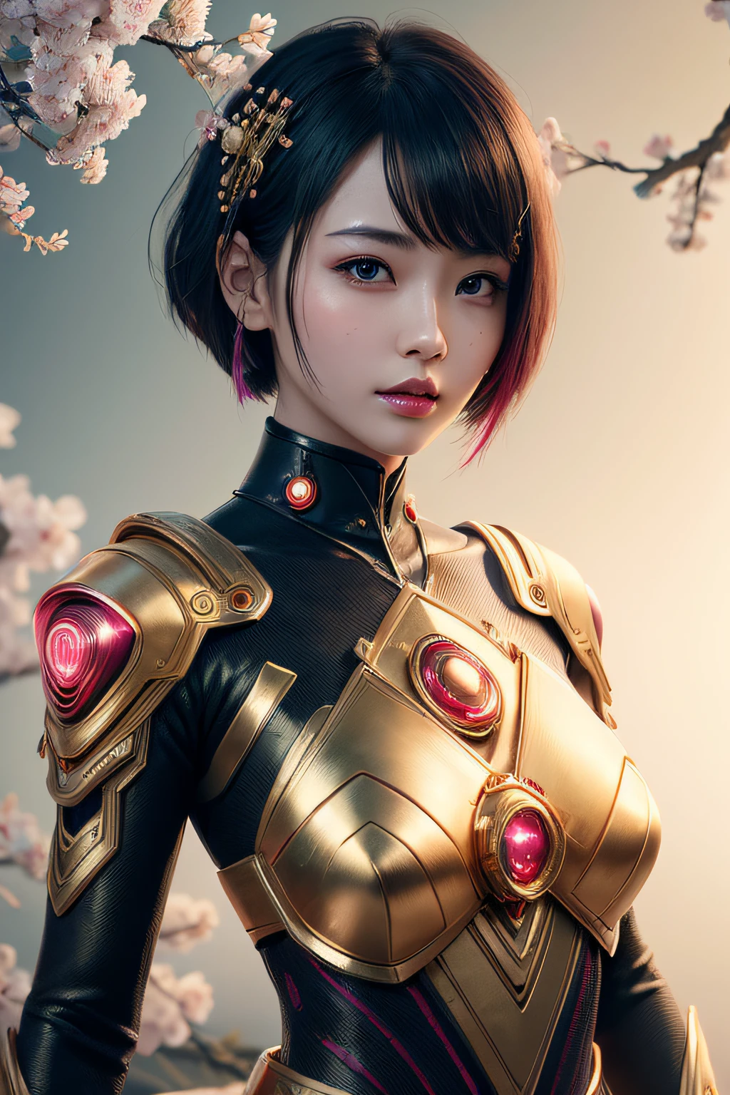 belle jeune femme japonaise, vêtu d'une combinaison cyberpunk en or, traits symétriques épais, cheveux très courts, le fond est des fleurs de cerisier, aura rose, lèvres rouges, rendu d&#39;octane,