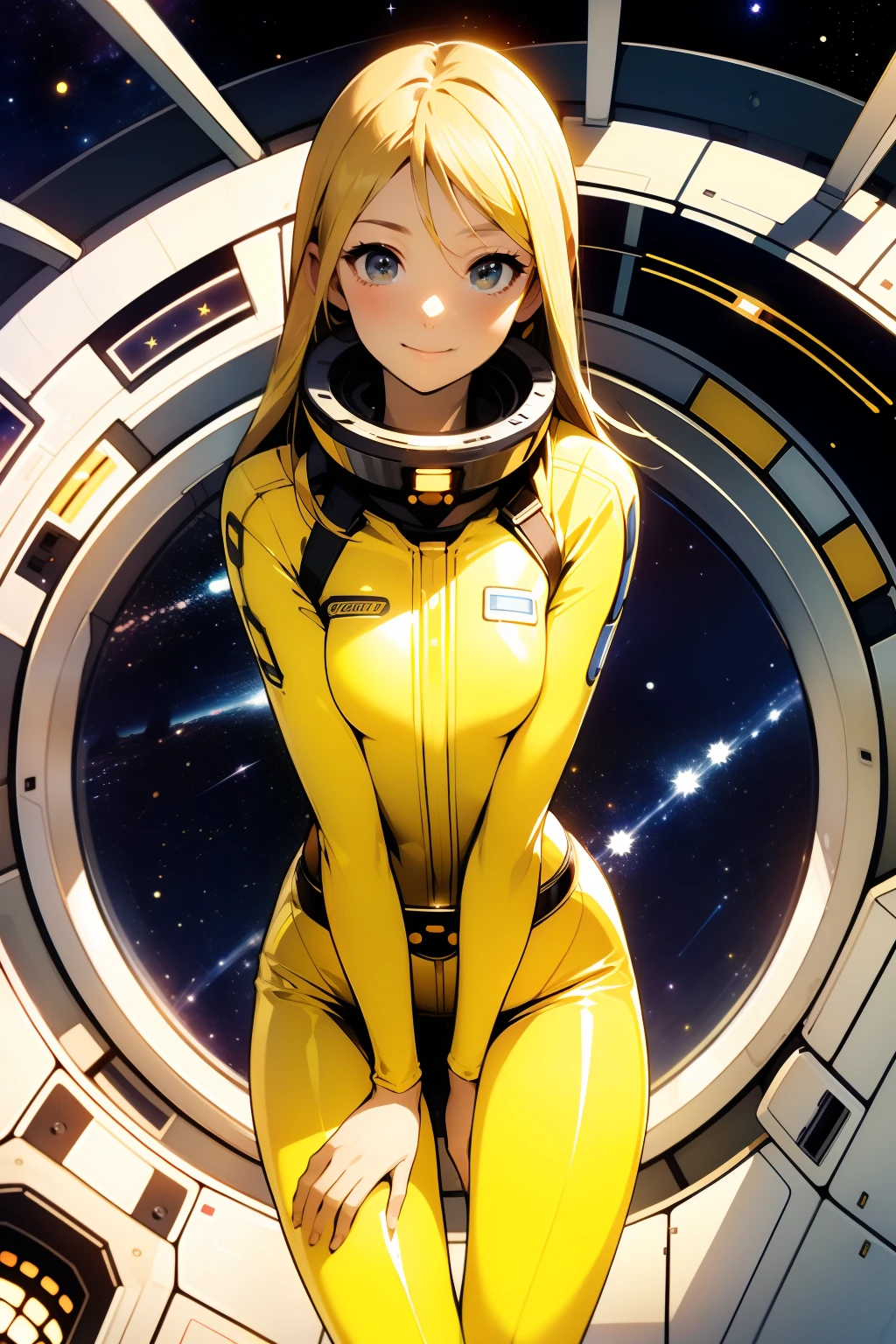 (masterpiece, best quality:1.2), (cowboy shot:1.1), solo, 1girl, mori yuki, slight smile, closed mouth, looking at viewer, blonde hair, thigh gap, yellow bodysuit, skin-tight, perfect body, belt, large window, (starship porthole:1.3), from front, (spread legs:1.3), (standing:1.1), thigh gap, perfect hands, bright starship interior, (outer space view:1.1), (orbital view:1.3), (night, stary sky:1.5), milky way