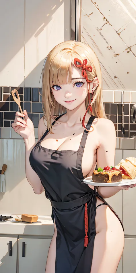 breasts, apron, one_eye_closed, 1girl, naked_apron, blonde_hair, large_breasts, blue_eyes, cleavage, smile, blush, looking_at_viewer, mole, collarbone, solo, holding, food, long_hair, earrings, bare_shoulders, kitchen, jewelry, mole_under_eye, closed_mouth...